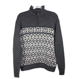 GEOFFREY BEENE Sweater Fair Isle 1/4 Zip Mock Neck Grey Knit Mens Medium Cotton